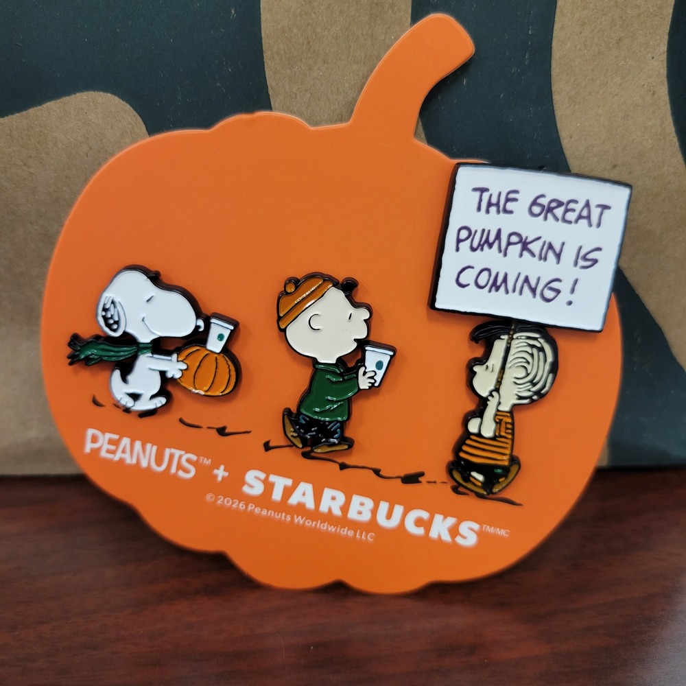 Starbucks Peanuts Snoopy Charlie Brown Linus Enamel Pin Set Orange Halloween NEW
